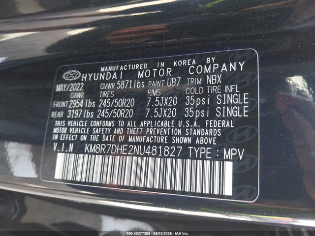 Продаж на аукціоні авто 2022 Hyundai Palisade Calligraphy, vin: KM8R7DHE2NU481827, номер лоту: 45277305