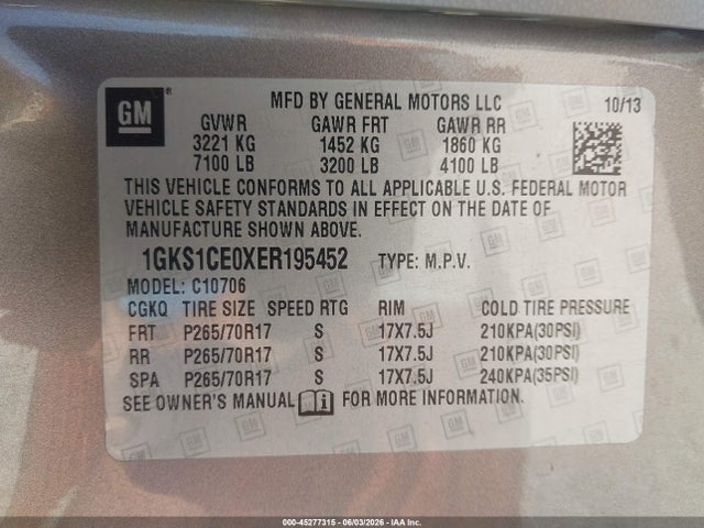 Aukcja sprzedaży 2014 Gmc Yukon Slt, vin: 1GKS1CE0XER195452, numer aukcji: 45277315