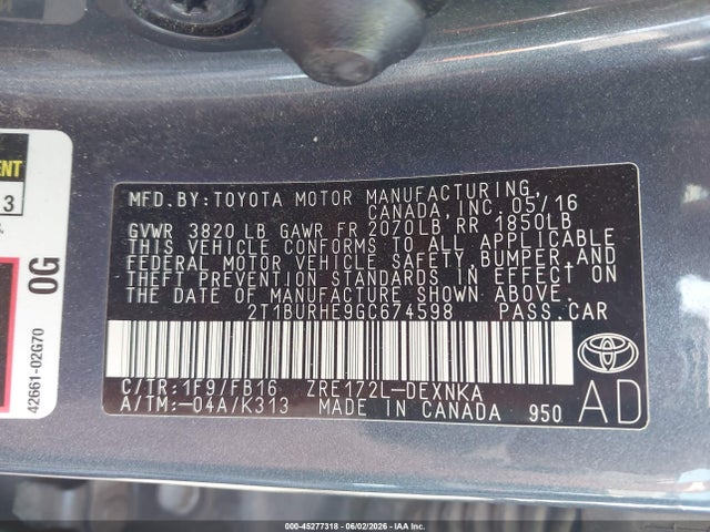 Toyota COROLLA LE 2016 2T1BURHE9GC674598 Image 9