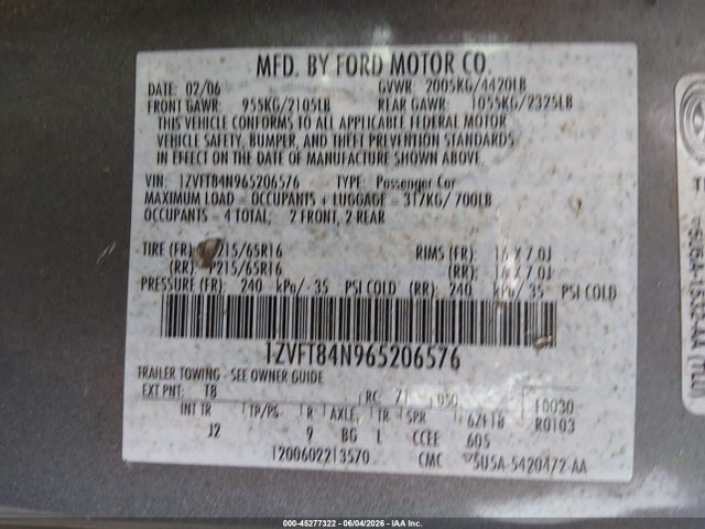 Продаж на аукціоні авто 2006 Ford Mustang V6, vin: 1ZVFT84N965206576, номер лоту: 45277322