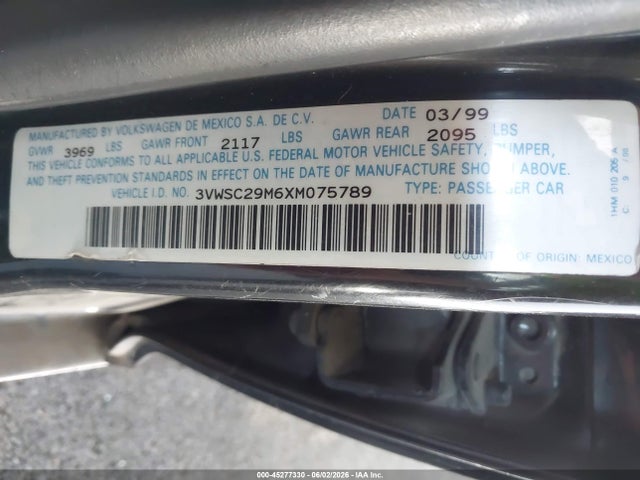 Продаж на аукціоні авто 1999 Volkswagen Jetta Gls, vin: 3VWSC29M6XM075789, номер лоту: 45277330