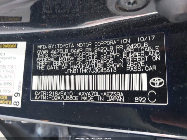 Aukcja sprzedaży 2018 Toyota Camry Se, vin: JTNB11HK7J3045613, numer aukcji: 45277332