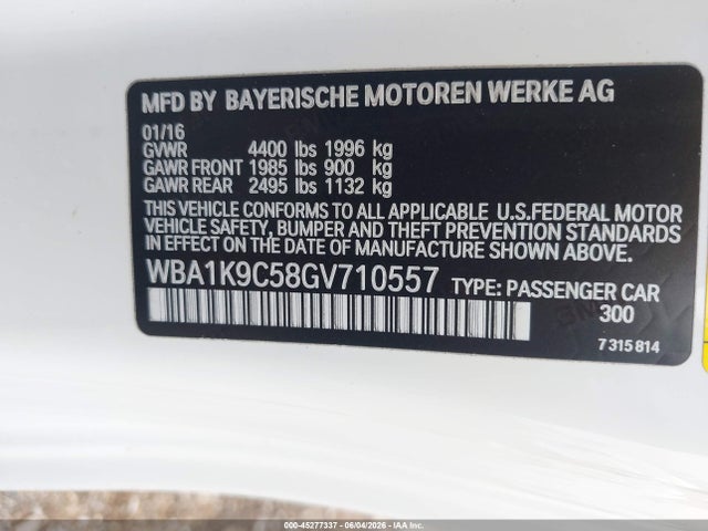 45277337 :رقم المزاد ، WBA1K9C58GV710557 vin ، 2016 Bmw 228i مزاد بيع
