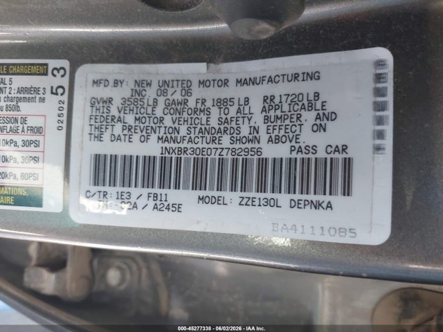 Aukcja sprzedaży 2007 Toyota Corolla Le, vin: 1NXBR30E07Z782956, numer aukcji: 45277338