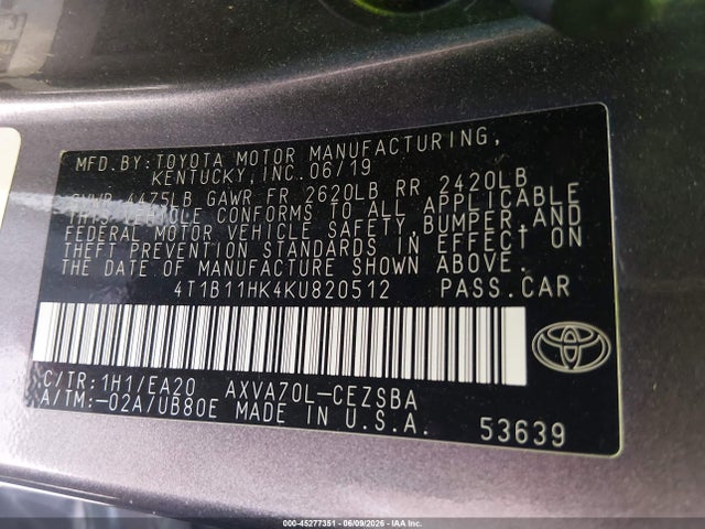 Продажа на аукционе авто 2019 Toyota Camry Se, vin: 4T1B11HK4KU820512, номер лота: 45277351
