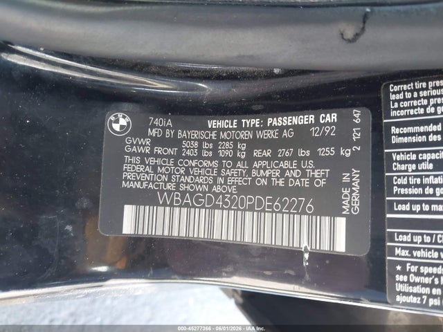 1993 Bmw 740 I Automatic მანქანა იყიდება აუქციონზე, vin: WBAGD4320PDE62276, აუქციონის ნომერი: 45277366