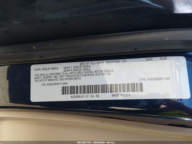 Aukcja sprzedaży 2006 Subaru Legacy 2.5i, vin: 4S3BL626467214445, numer aukcji: 45277370