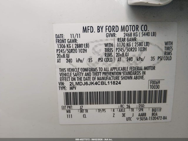 Продаж на аукціоні авто 2012 Lincoln Mkx, vin: 2LMDJ6JK4CBL11824, номер лоту: 45277372