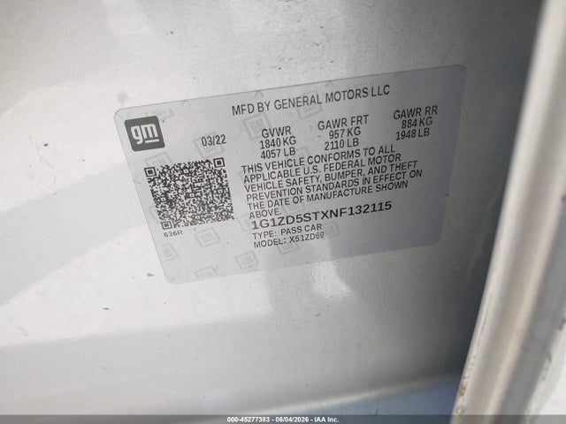 1G1ZD5STXNF132115 Chevrolet Malibu Fwd Lt