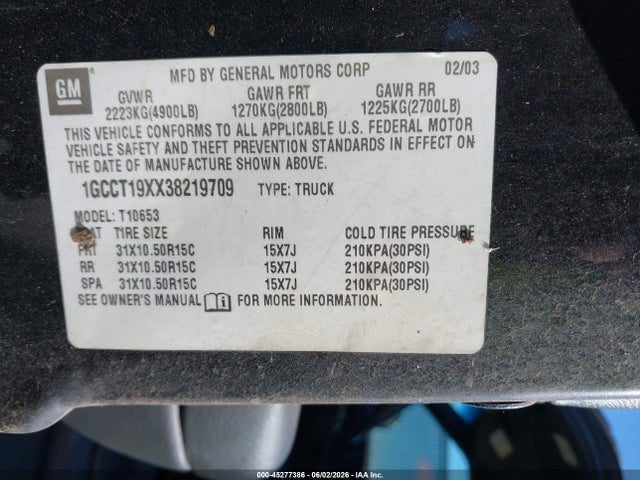 Aukcja sprzedaży 2003 Chevrolet S-10 Ls, vin: 1GCCT19XX38219709, numer aukcji: 45277386