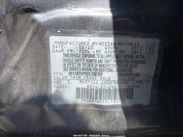 45277398 :رقم المزاد ، 3N1AB7AP5DL730792 vin ، 2013 Nissan Sentra Sv مزاد بيع