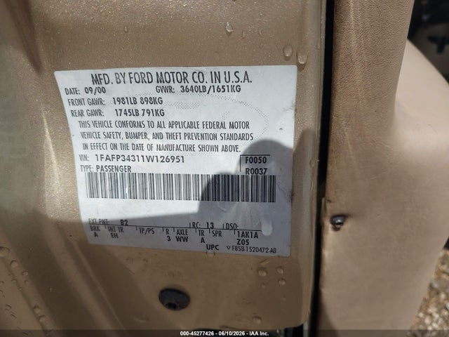 Aukcja sprzedaży 2001 Ford Focus Se, vin: 1FAFP34311W126951, numer aukcji: 45277426