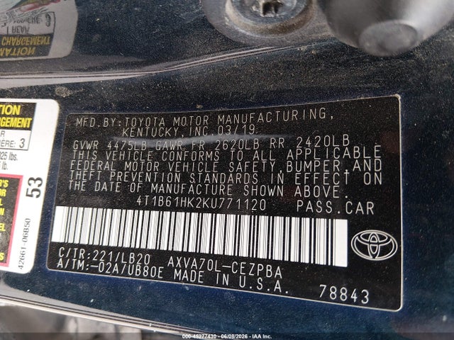 Aukcja sprzedaży 2019 Toyota Camry Xse, vin: 4T1B61HK2KU771120, numer aukcji: 45277430