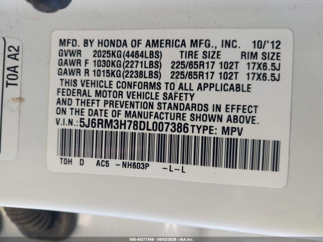 45277456 :رقم المزاد ، 5J6RM3H78DL007386 vin ، 2013 Honda Cr-v Ex-l مزاد بيع