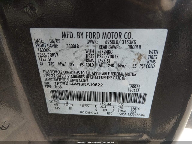 Aukcja sprzedaży 2006 Ford F-150 Stx/xl/xlt, vin: 1FTRX14W16NA10622, numer aukcji: 45277476