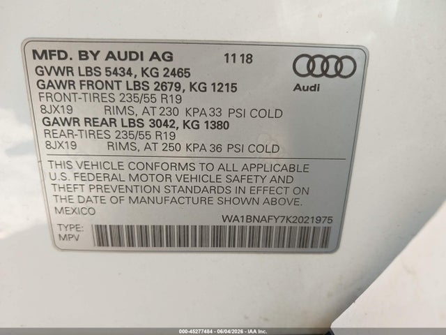 2019 Audi Q5 45 Premium მანქანა იყიდება აუქციონზე, vin: WA1BNAFY7K2021975, აუქციონის ნომერი: 45277484