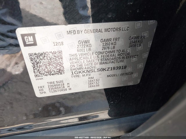 Aukcja sprzedaży 2019 Gmc Acadia Sle-2, vin: 1GKKNSLS0KZ193918, numer aukcji: 45277489