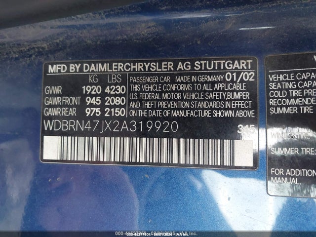 Aukcja sprzedaży 2002 Mercedes-benz C-class, vin: WDBRN47JX2A319920, numer aukcji: 45277504