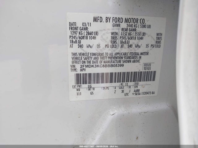 Aukcja sprzedaży 2011 Ford Edge Limited, vin: 2FMDK3KC8BBB05399, numer aukcji: 45277507