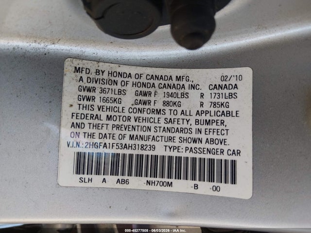 45277508 :رقم المزاد ، 2HGFA1F53AH318239 vin ، 2010 Honda Civic Lx مزاد بيع