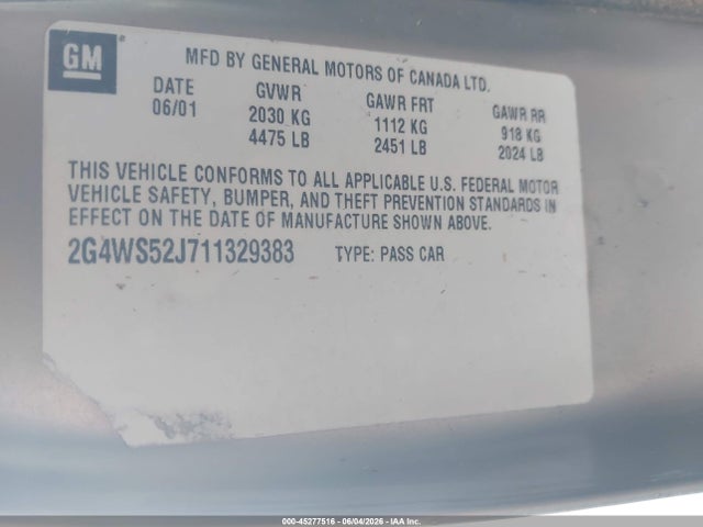 Aukcja sprzedaży 2001 Buick Century Custom, vin: 2G4WS52J711329383, numer aukcji: 45277516