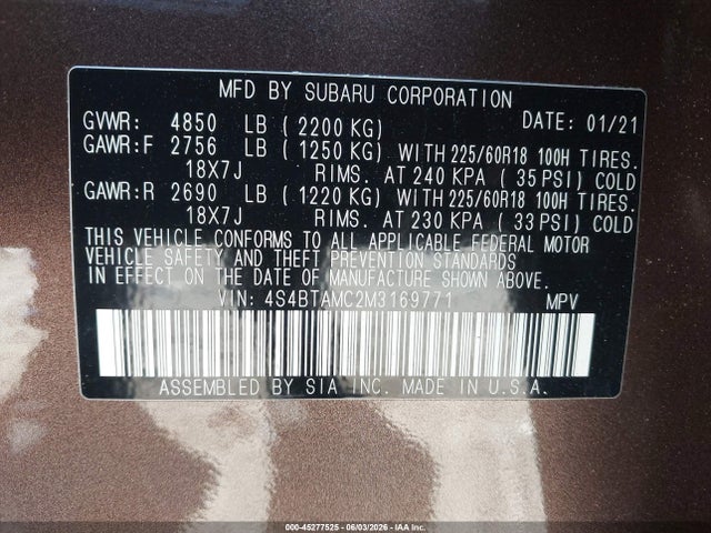 2021 Subaru Outback Limited მანქანა იყიდება აუქციონზე, vin: 4S4BTAMC2M3169771, აუქციონის ნომერი: 45277525