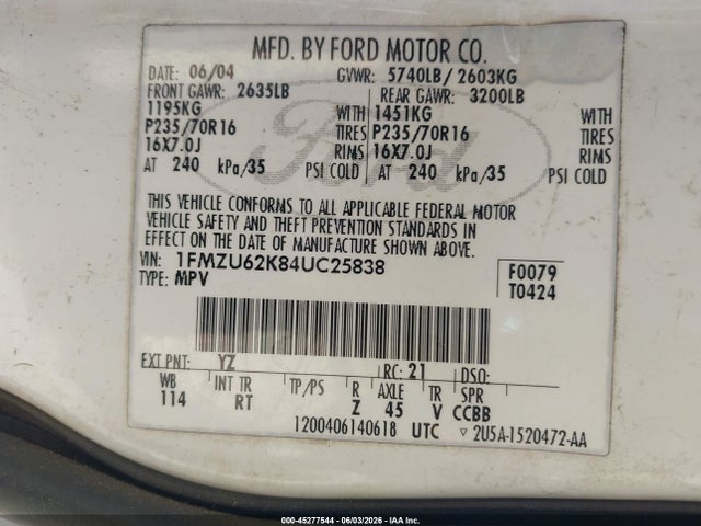 Aukcja sprzedaży 2004 Ford Explorer Xls, vin: 1FMZU62K84UC25838, numer aukcji: 45277544