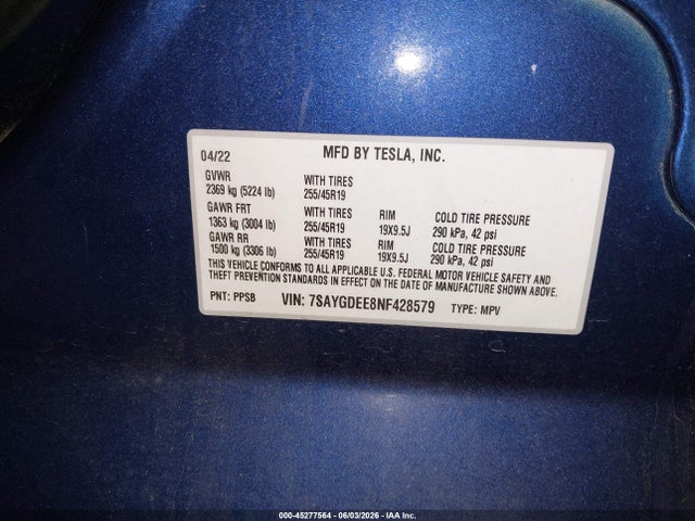 Продаж на аукціоні авто 2022 Tesla Model Y Long Range Dual Motor All-wheel Drive, vin: 7SAYGDEE8NF428579, номер лоту: 45277564