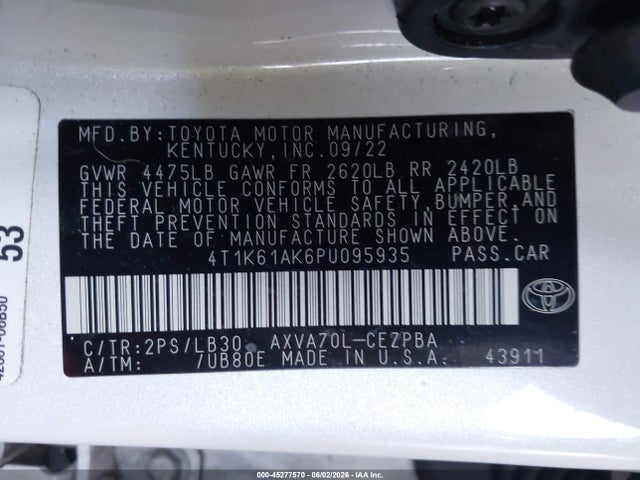 4T1K61AK6PU095935 Toyota CAMRY XSE