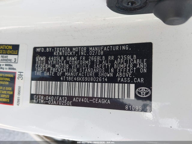 2009 Toyota Camry Xle მანქანა იყიდება აუქციონზე, vin: 4T1BE46K69U802614, აუქციონის ნომერი: 45277576
