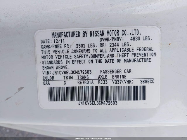 2012 Infiniti G37x მანქანა იყიდება აუქციონზე, vin: JN1CV6EL3CM472603, აუქციონის ნომერი: 45277578