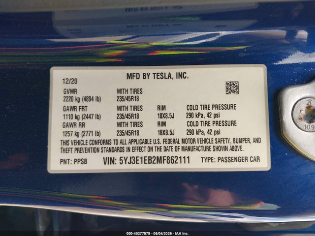 Продажа на аукционе авто 2021 Tesla Model 3 Long Range, vin: 5YJ3E1EB2MF862111, номер лота: 45277579