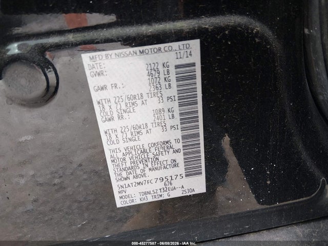 2015 Nissan Rogue Sl მანქანა იყიდება აუქციონზე, vin: 5N1AT2MV7FC795175, აუქციონის ნომერი: 45277587
