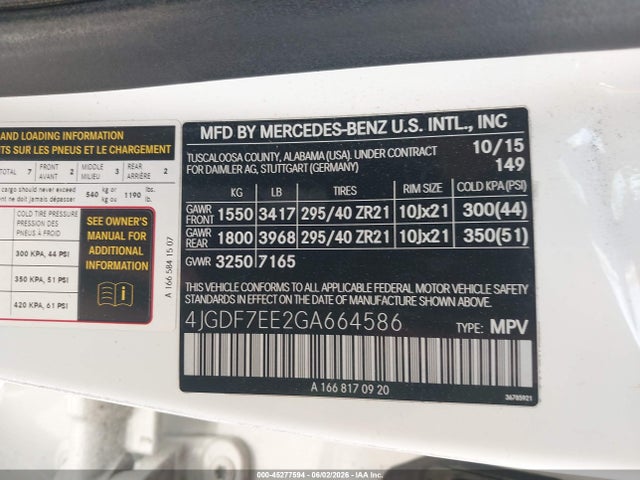 Aukcja sprzedaży 2016 Mercedes-benz Amg Gl 63 4matic, vin: 4JGDF7EE2GA664586, numer aukcji: 45277594