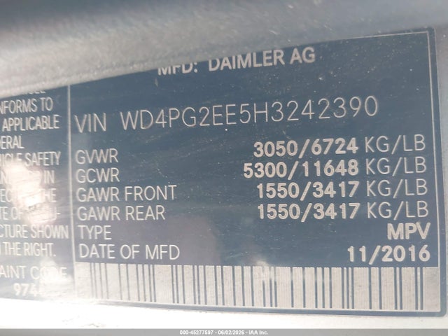 2017 Mercedes-benz Metris მანქანა იყიდება აუქციონზე, vin: WD4PG2EE5H3242390, აუქციონის ნომერი: 45277597