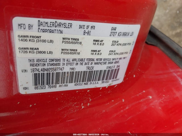 Продажа на аукционе авто 2002 Dodge Dakota Slt, vin: 1B7HL48N02S507747, номер лота: 45277604
