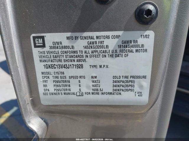 45277617 :رقم المزاد ، 1GKEC13V43J171928 vin ، 2003 Gmc Yukon Sle مزاد بيع