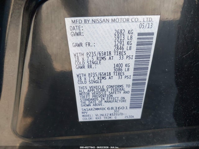 45277643 :رقم المزاد ، 5N1AR2MM4DC683601 vin ، 2013 Nissan Pathfinder Sv مزاد بيع
