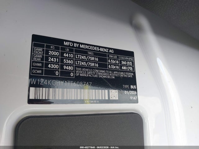 Aukcja sprzedaży 2026 Mercedes-benz Sprinter 2500 High Roof 4-cyl Diesel, vin: W1Z4KGHY1TT608747, numer aukcji: 45277648