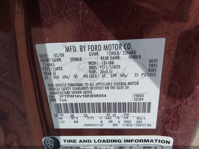 45277652 :رقم المزاد ، 1FTPW14V19KB98954 vin ، 2009 Ford F-150 Fx4/king Ranch/lariat/platinum/xl/xlt مزاد بيع