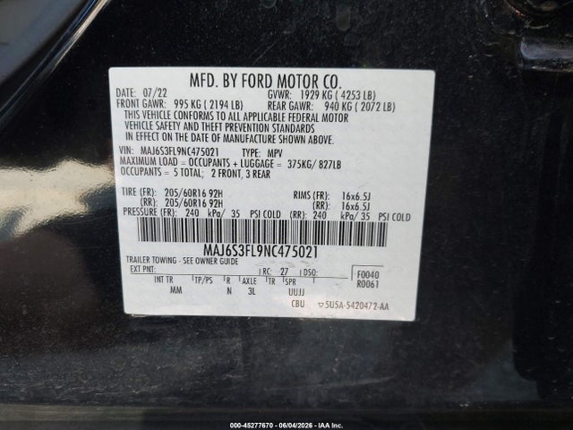 Aukcja sprzedaży 2022 Ford Ecosport S, vin: MAJ6S3FL9NC475021, numer aukcji: 45277670