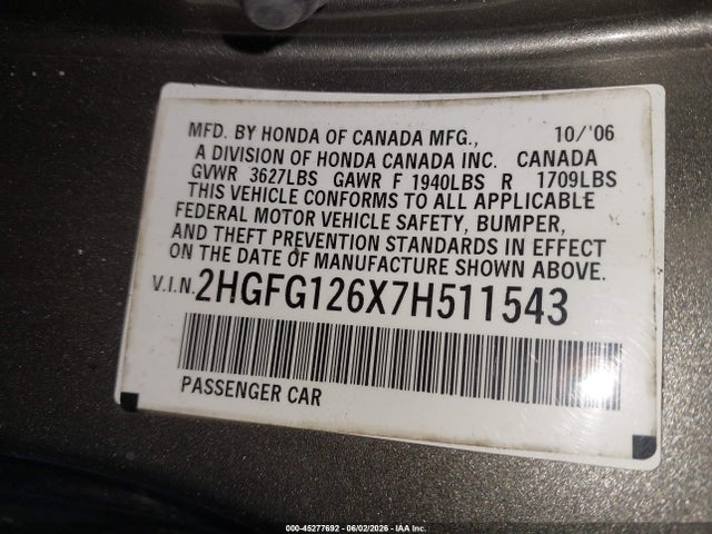 Aukcja sprzedaży 2007 Honda Civic Lx, vin: 2HGFG126X7H511543, numer aukcji: 45277692