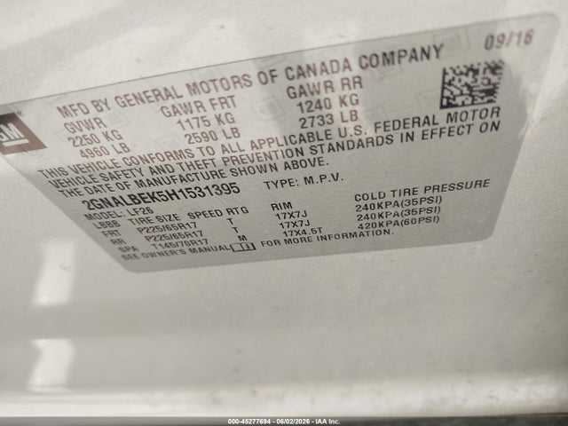 45277694 :رقم المزاد ، 2GNALBEK5H1531395 vin ، 2017 Chevrolet Equinox Ls مزاد بيع