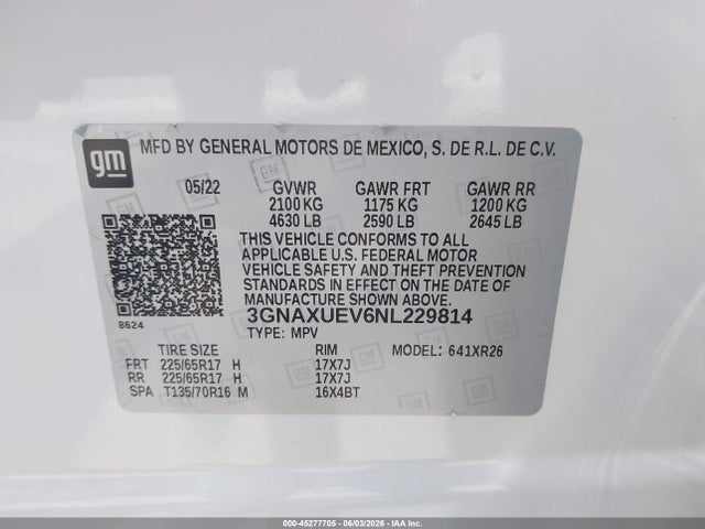 Продаж на аукціоні авто 2022 Chevrolet Equinox Awd Lt, vin: 3GNAXUEV6NL229814, номер лоту: 45277705