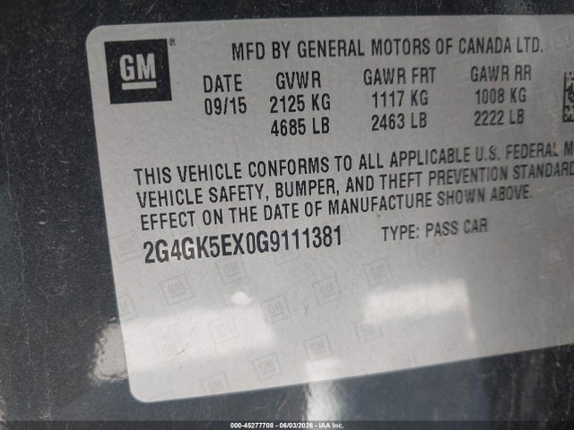 45277708 :رقم المزاد ، 2G4GK5EX0G9111381 vin ، 2016 Buick Regal Turbo مزاد بيع