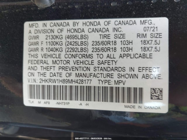 2HKRW1H89MH428177 Honda Cr-v 2wd Ex-l