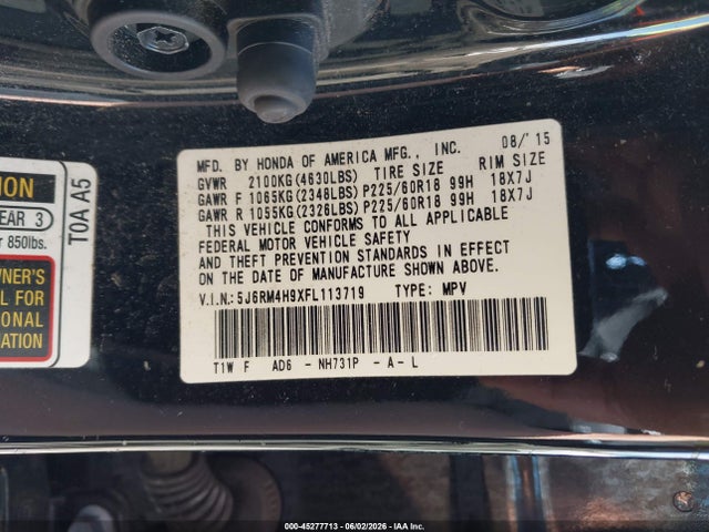 Aukcja sprzedaży 2015 Honda Cr-v Touring, vin: 5J6RM4H9XFL113719, numer aukcji: 45277713