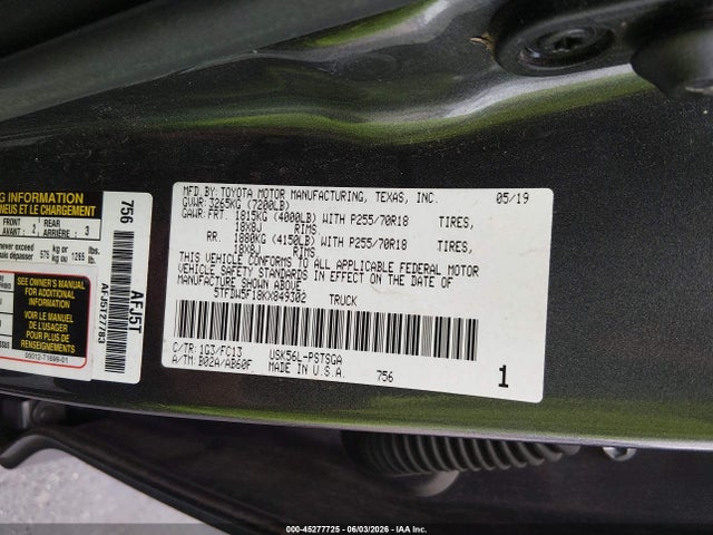 Продаж на аукціоні авто 2019 Toyota Tundra Sr5 5.7l V8, vin: 5TFDW5F18KX849302, номер лоту: 45277725