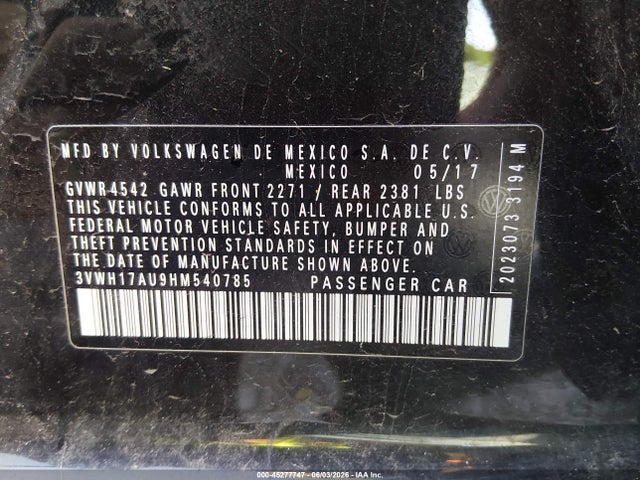 Aukcja sprzedaży 2017 Volkswagen Golf Alltrack Tsi S/tsi Se/tsi Sel, vin: 3VWH17AU9HM540785, numer aukcji: 45277747