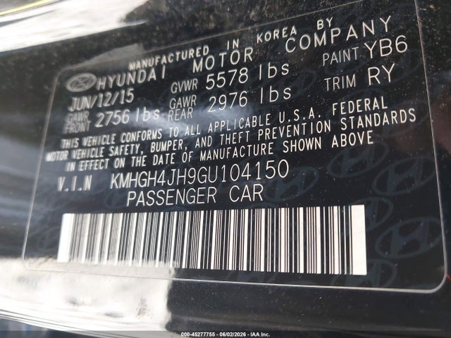 Aukcja sprzedaży 2016 Hyundai Equus Ultimate, vin: KMHGH4JH9GU104150, numer aukcji: 45277755